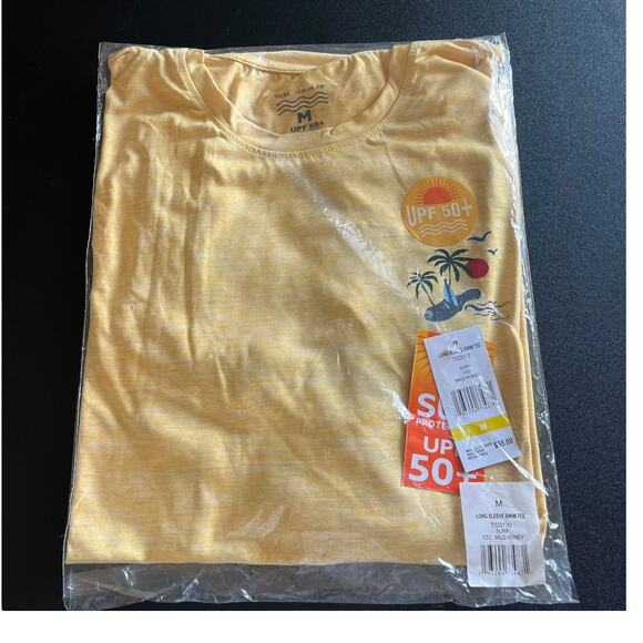 NEW Surf & SWIM TEE Long Sleeve MED Men's Womens Gold Palm Trees T Shirt UPF 50+ - Picture 2 of 10